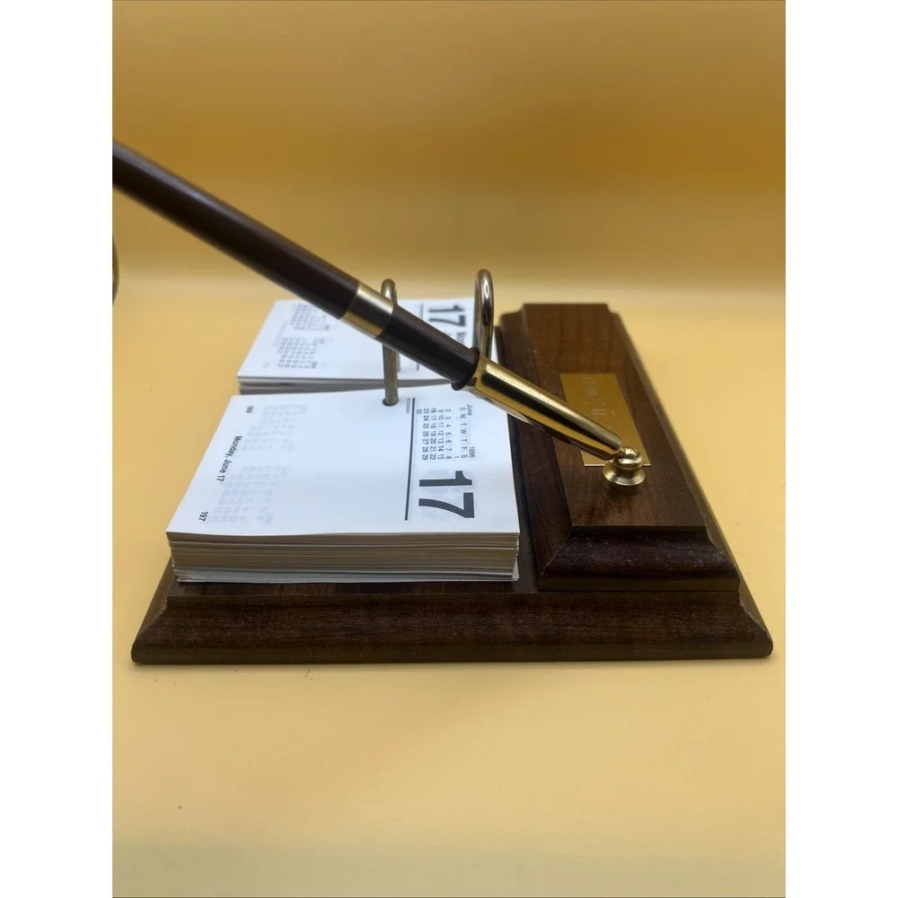 Vintage Perpetual Flip Calendar With Wood Base And Ink Pen